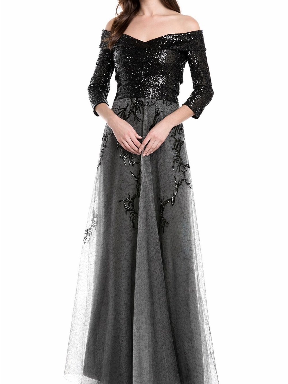 NWT Rene Ruiz Off-Shoulder Black Sequin & Tulle Evening Gown Size 8